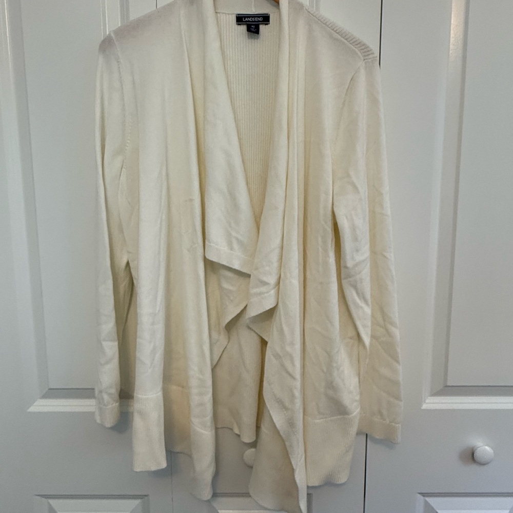 Lands' End White Cardigan Sweater with Waterfall Front